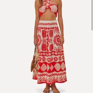 FARM Rio Red and White A-line Maxi Skirt Resort Wear